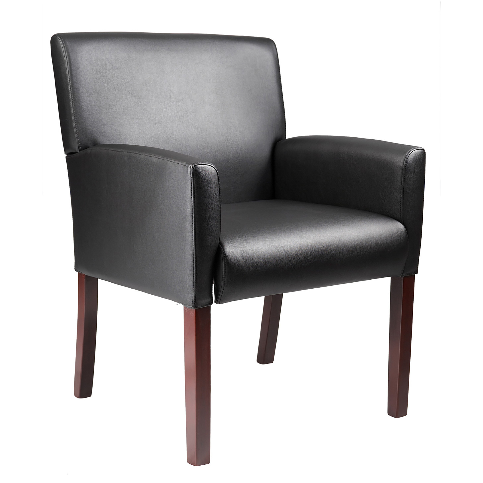 BOSS Executive Box Arm Chair with Caresoft Upholstery, Black with Mahogany Legs, 24 1/2in.W x 25in.D x 35in.H, Model# B629M